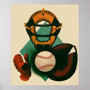 Poster Joueur de baseball vintage, Catcher avec Mitt