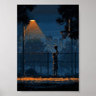 Poster Joueur de basket-ball nocturne sous un lampadaire