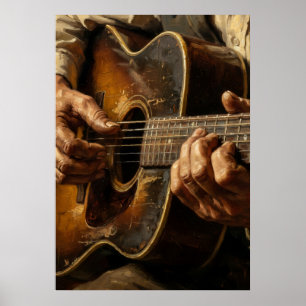 Poster Joueur de guitare acoustique Mains de près Musique