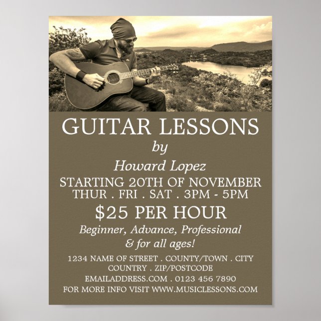 Poster Joueur de guitare, leçons de guitare publicité (Devant)