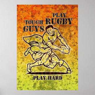 Poster joueur de rugby avec balle attaquée par une affich