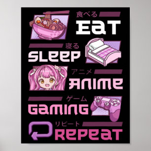 Poster Joueur Jeux Vidéo Drôle Manger Dormir Anime Jeux