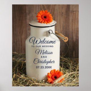 Poster Joug de lait blanc rustique avec fleurs Mariage Bi