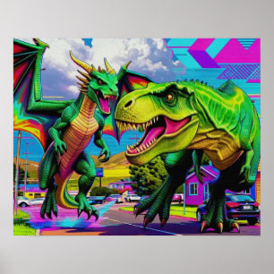 Poster Jouons - Dragon Vert et Dinosaure