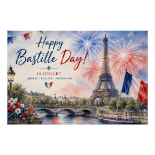 Poster Jour de la Bastille Tour Eiffel Seine feux d'artif