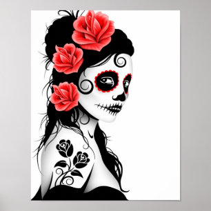 Poster Jour de la fille crâne de sucre mort - blanc