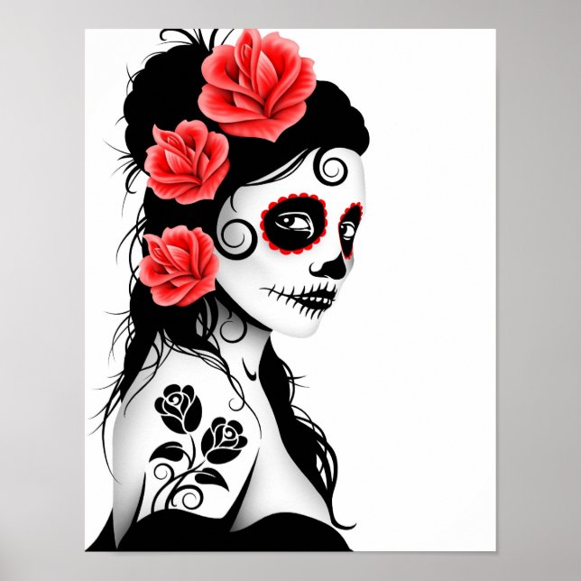 Poster Jour de la fille crâne de sucre mort - blanc (Devant)