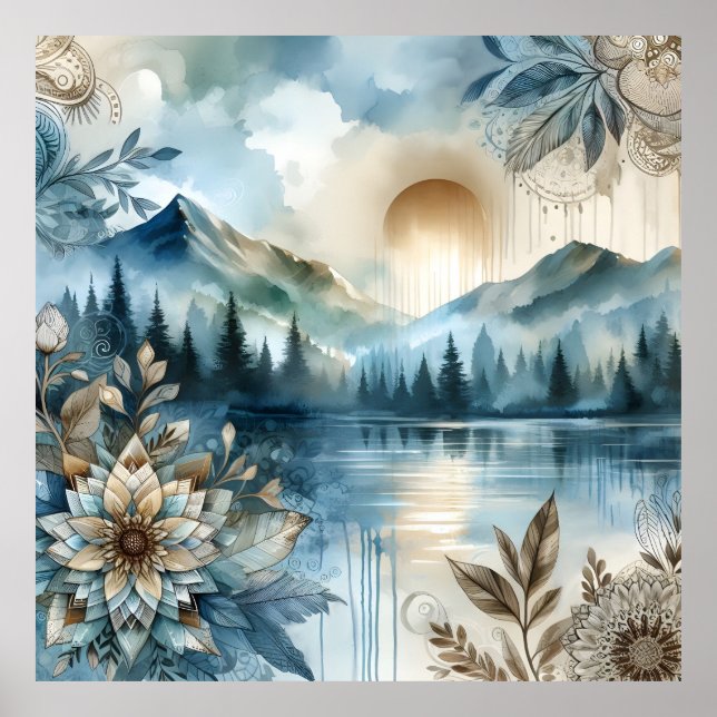 Poster Jour de la pluie Aquarelle Mountain Lake Boho rust (Devant)