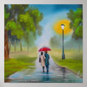POSTER JOUR DE PLUIE COUPLE UMBRELLA PEINTURE
