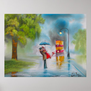 POSTER JOUR DE PLUIE KISSER COUPLE TRAM UMBRELLA