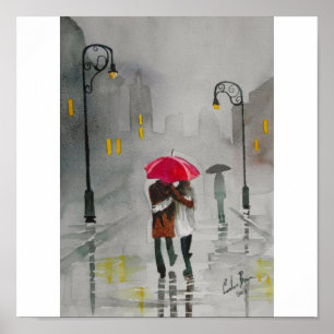 POSTER JOUR DE PLUIE ROUGE PARAPLULE ROMANTIQUE COUPLE