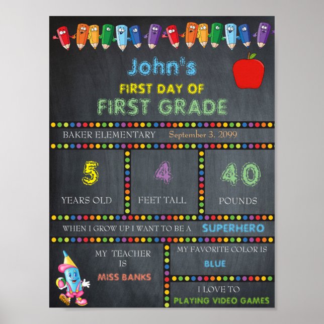 Poster Jour d'école maternelle SIGNE GARÇON, PREMIER NIVE (Devant)