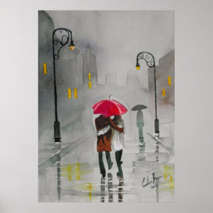 Poster Jour pluvieux automne parapluie rouge couple roman