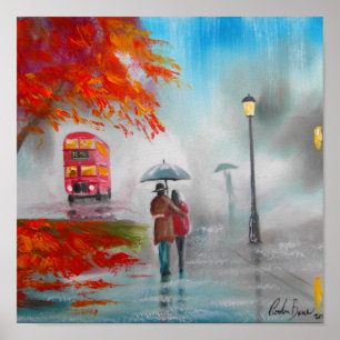 Poster Jour pluvieux automne rouge bus peinture parapluie