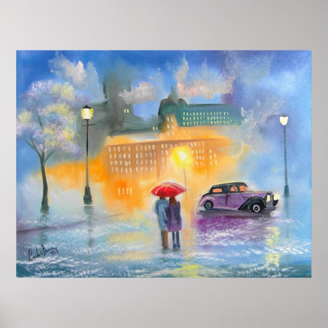 Poster Jour pluvieux rouge parapluie romantique couple ma (Devant)