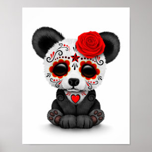 Poster Jour rouge du panda crâne de sucre mort sur blanc