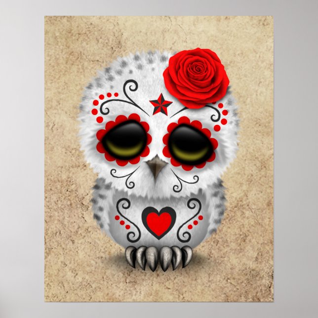 Poster Jour rouge mignon de la Chouette du crâne de sucre (Devant)