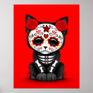 Poster Jour rouge mignon du chat mort de chaton, rouge