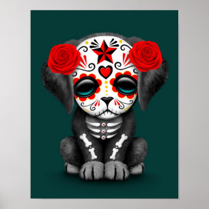 Poster Jour rouge mignon du chiot mort Teal