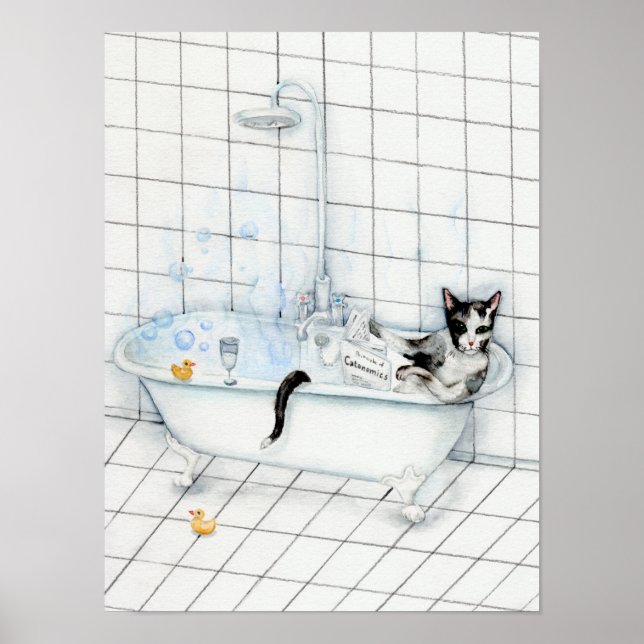 Poster Journal de lecture de chat dans la baignoire (Devant)