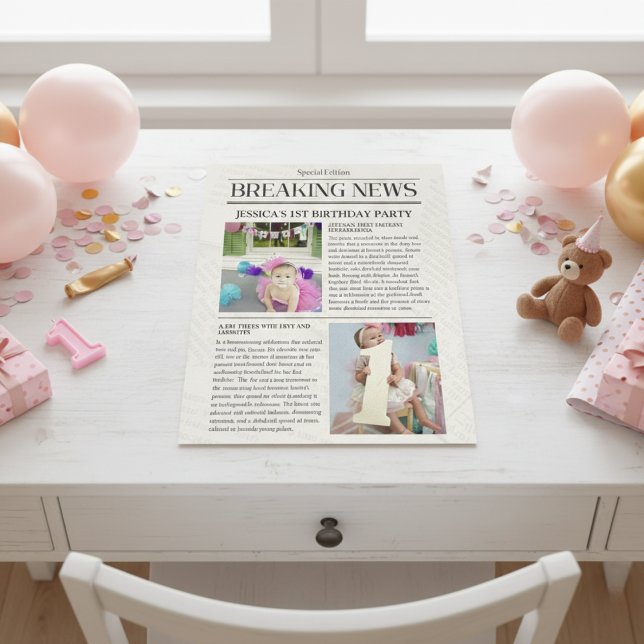 Poster Journal de première page de dernière minute 1er an ( Breaking News Front Page Newspaper 1st Birthday Poster)