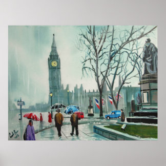 Poster Journée de pluie à Londres personnes avec paraplui