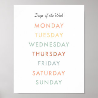 Poster Journées de la semaine Montessori Classroom Art