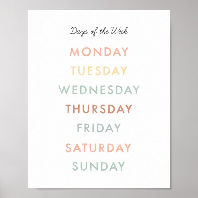 Poster Journées de la semaine Montessori Classroom Art (Devant)