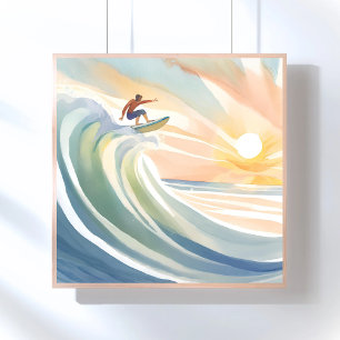 Poster Journées de surf Aquarelle de vague océanique su