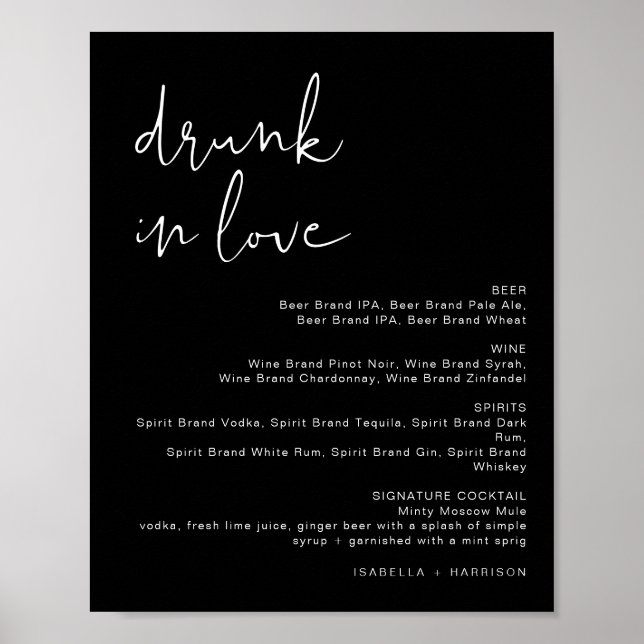Poster JOVI Edgy Black Drunk in Love Bar Menu Sign (Devant)