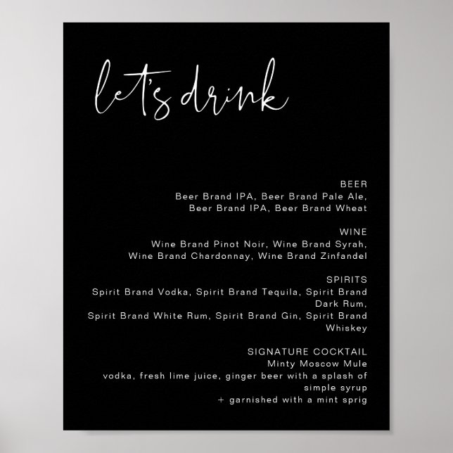 Poster JOVI Edgy Black Modern Let's Drink Bar Menu Sign (Devant)