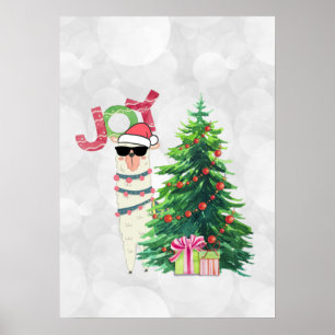 Poster Joy Typography   Llama de Noël avec arbre