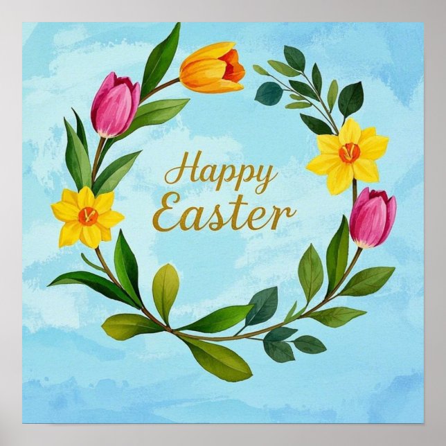 Poster Joyeuse couronne d'aquarelle de Pâques tulipes (Devant)