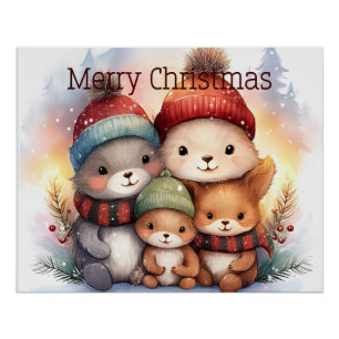 Poster Joyeuse Famille d'Animaux de la Forêt de Noël