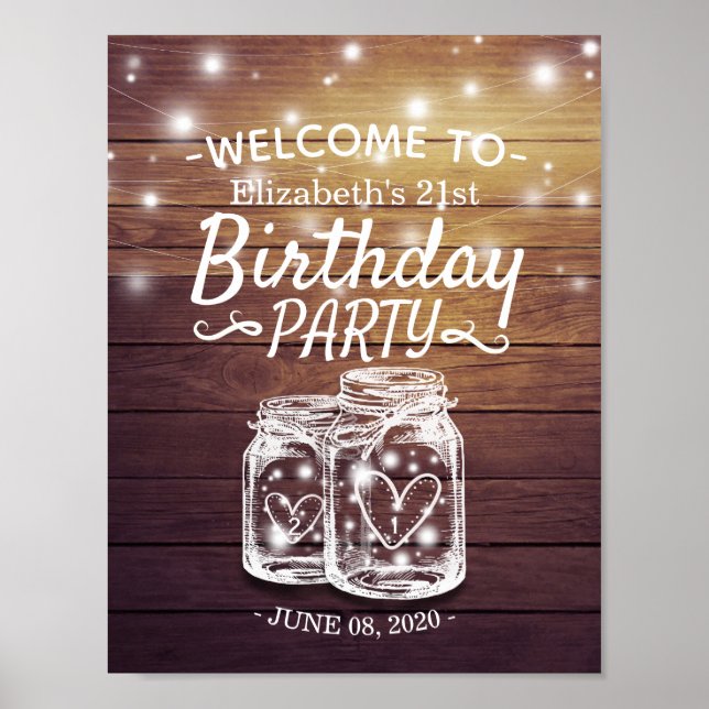 Poster Joyeuse fête d'anniversaire Wood Mason Jar Lumière (Devant)
