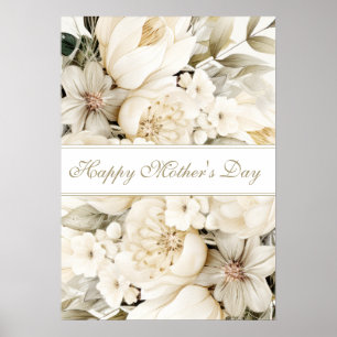 Poster Joyeuse fête des Mères crème vanille Écriture flor