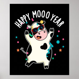 Poster Joyeuse Moo Année Funny Cow Pun Dark BG