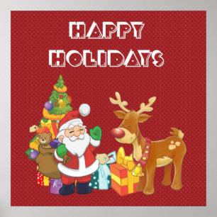Poster Joyeuses fêtes avec Père Noël et Reindeer
