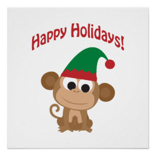 Poster Joyeuses fêtes ! Elfe de Noël singe