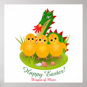 Poster Joyeuses Pâques de trois poussins et Dragon de Mon