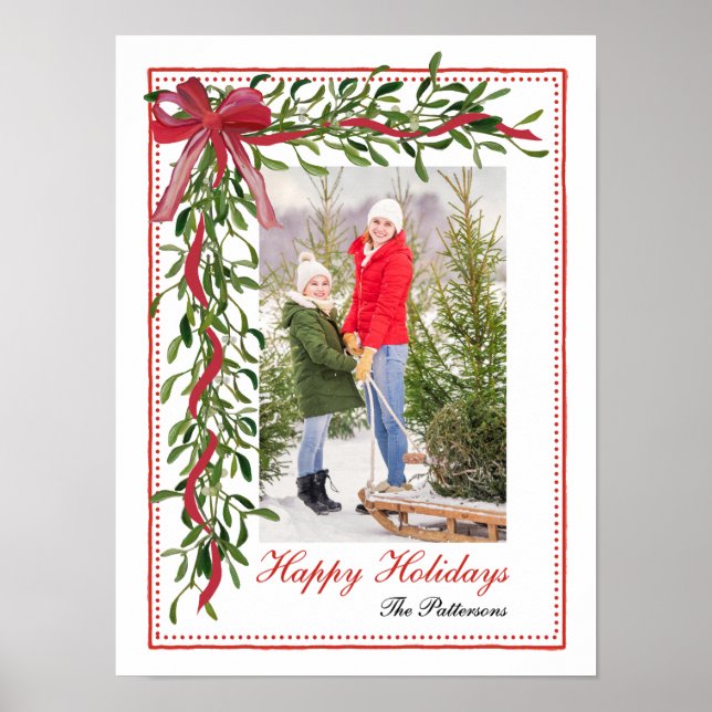 Poster Joyeuses vacances Mistletoe Red Bow Family Photo (Devant)