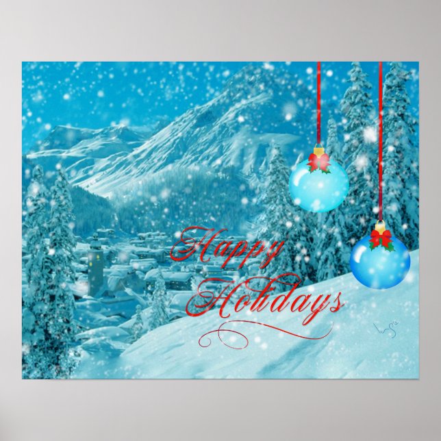 Poster Joyeuses vacances Snowy Mountain Winter Village (Devant)
