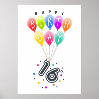 Poster Joyeux 16ème anniversaire avec des ballons colorés