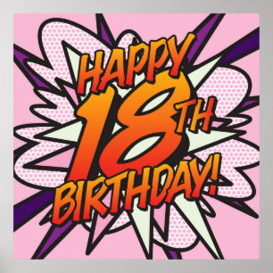 Poster Joyeux 18e ANNIVERSAIRE Amusant Rétro Bande Dessin