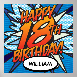 Poster Joyeux 18e ANNIVERSAIRE Bande dessinée Pop Art ble