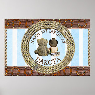 Poster Joyeux 1er anniversaire Cowboy et Teddy Bear Boy's