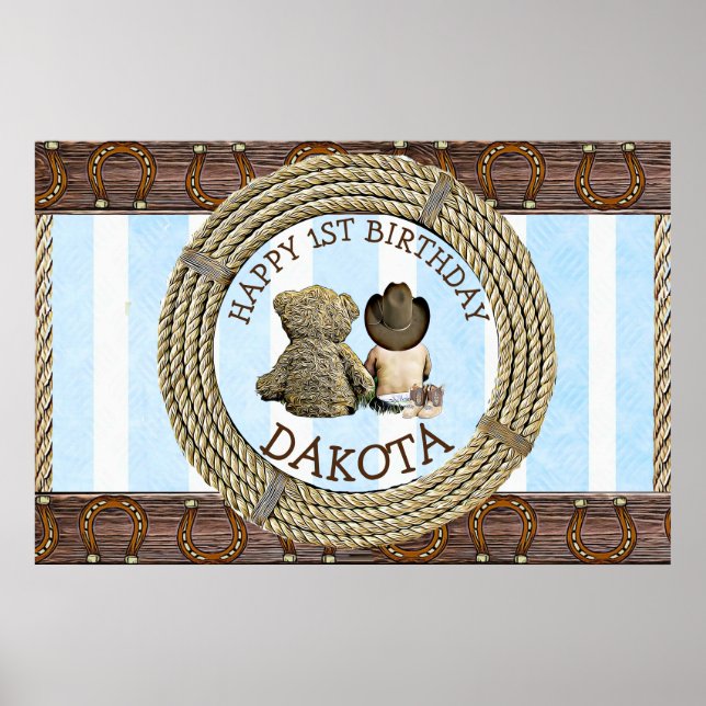 Poster Joyeux 1er anniversaire Cowboy et Teddy Bear Boy's (Devant)