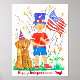 Poster Joyeux 4 Juillet Hound Dog Drapeau Américain