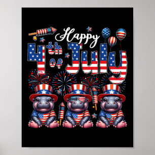 Poster Joyeux 4 juillet trois beaux hippopotames Sungles