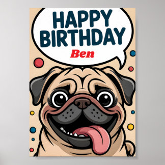 Poster Joyeux Anniversaire Chien Pug Mignon Drôle
